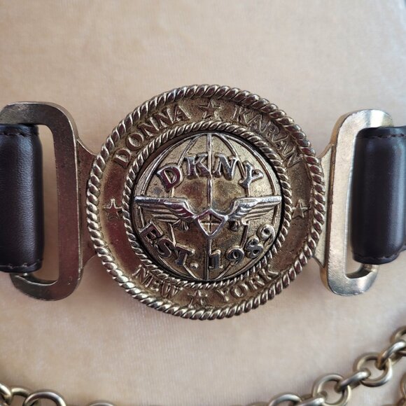 Donna Karan New York DKNY Large Vtg Chain Brown Leather Belt Adjustable 80\